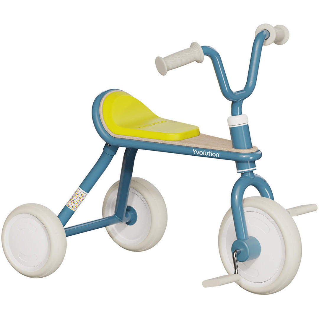 Yvolution blauwe driewieler voor peuters met gele zitting en witte wielen.