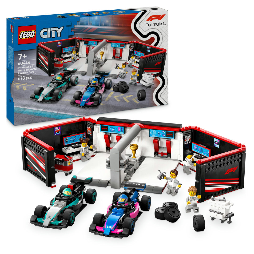 LEGO city f1 garage met mercedes-amg en alpine auto's