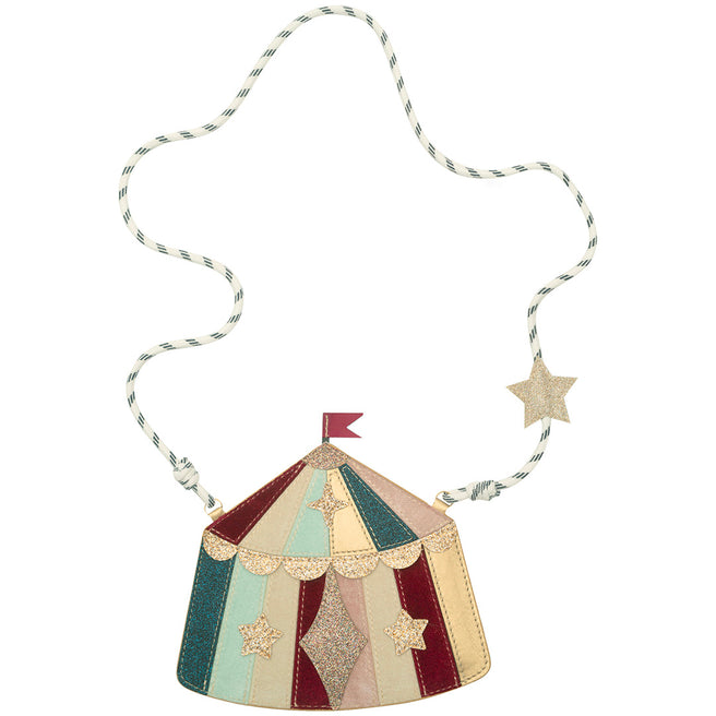 Mimi & Lula kinderschoudertasje in de vorm van een veelkleurige circustent met glitterdetails en een touwband.
