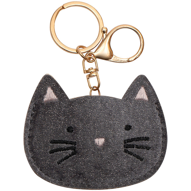 mimi & lula sleutelhanger in de vorm van een grijze kattenkop met gouden ring.