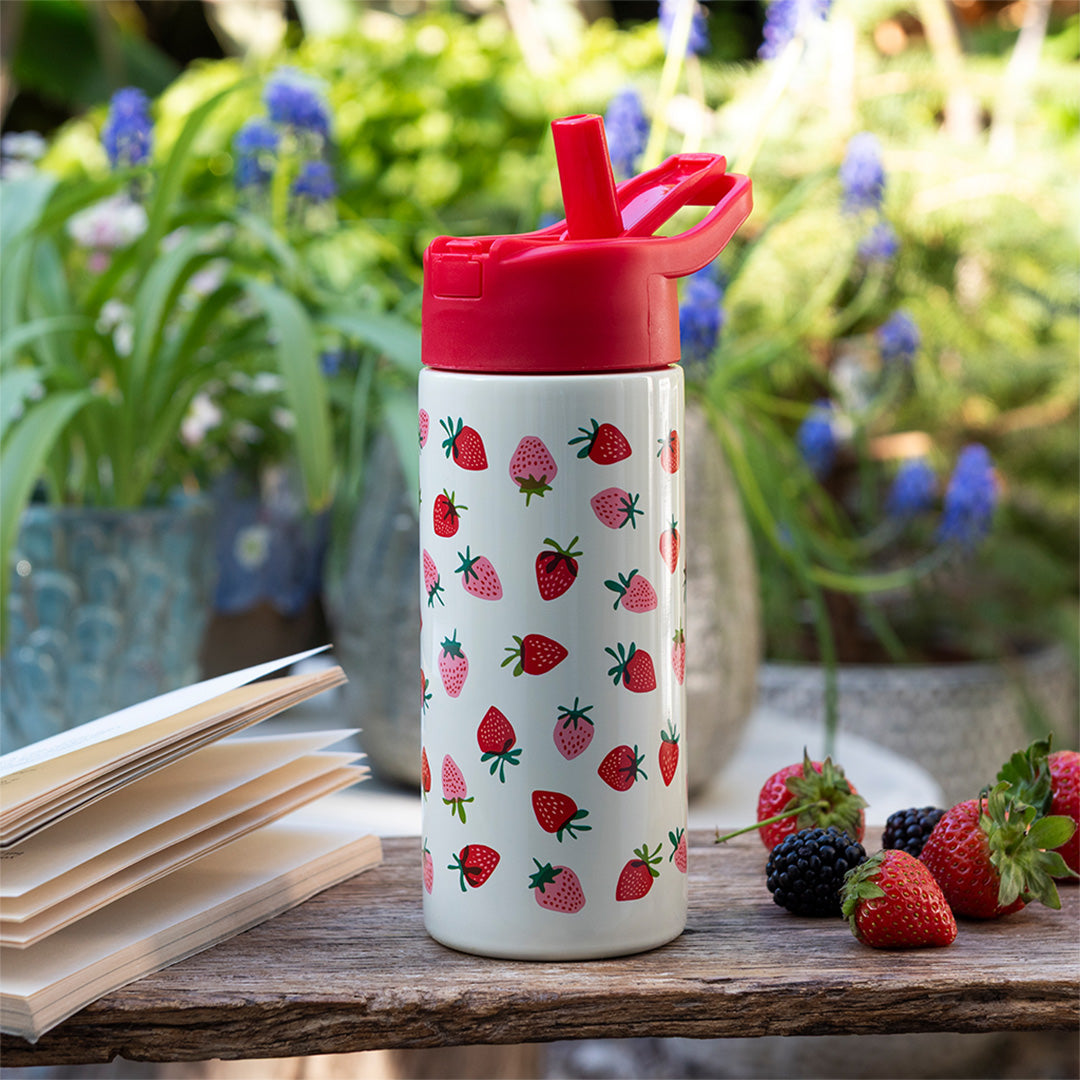 rex london rvs drinkfles met rietje little strawberry - 500 ml | REX31947 | 3