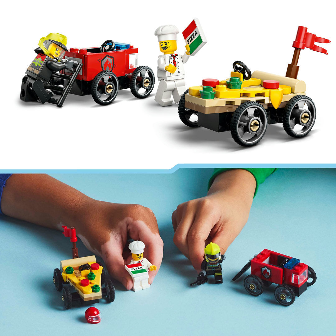 LEGO city raceautopakket pizzabestelwagen vs. brandweerauto
