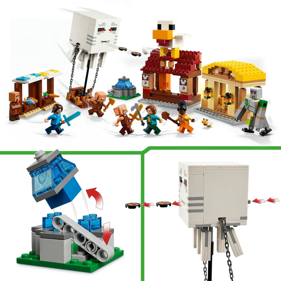 LEGO minecraft de ghast-ballon aanval op het dorp