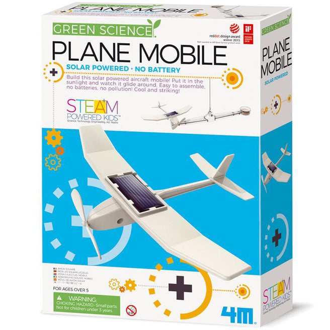 Verpakking van de 4M Green Science Plane Mobile bouwset met een wit zonnevliegtuig.