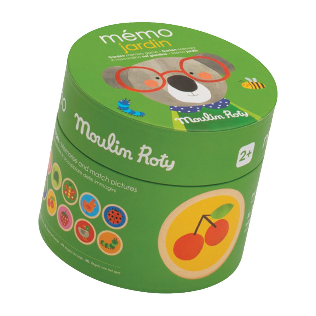Moulin Roty memorie spel in groene cilindervormige verpakking met een koala en kersen.