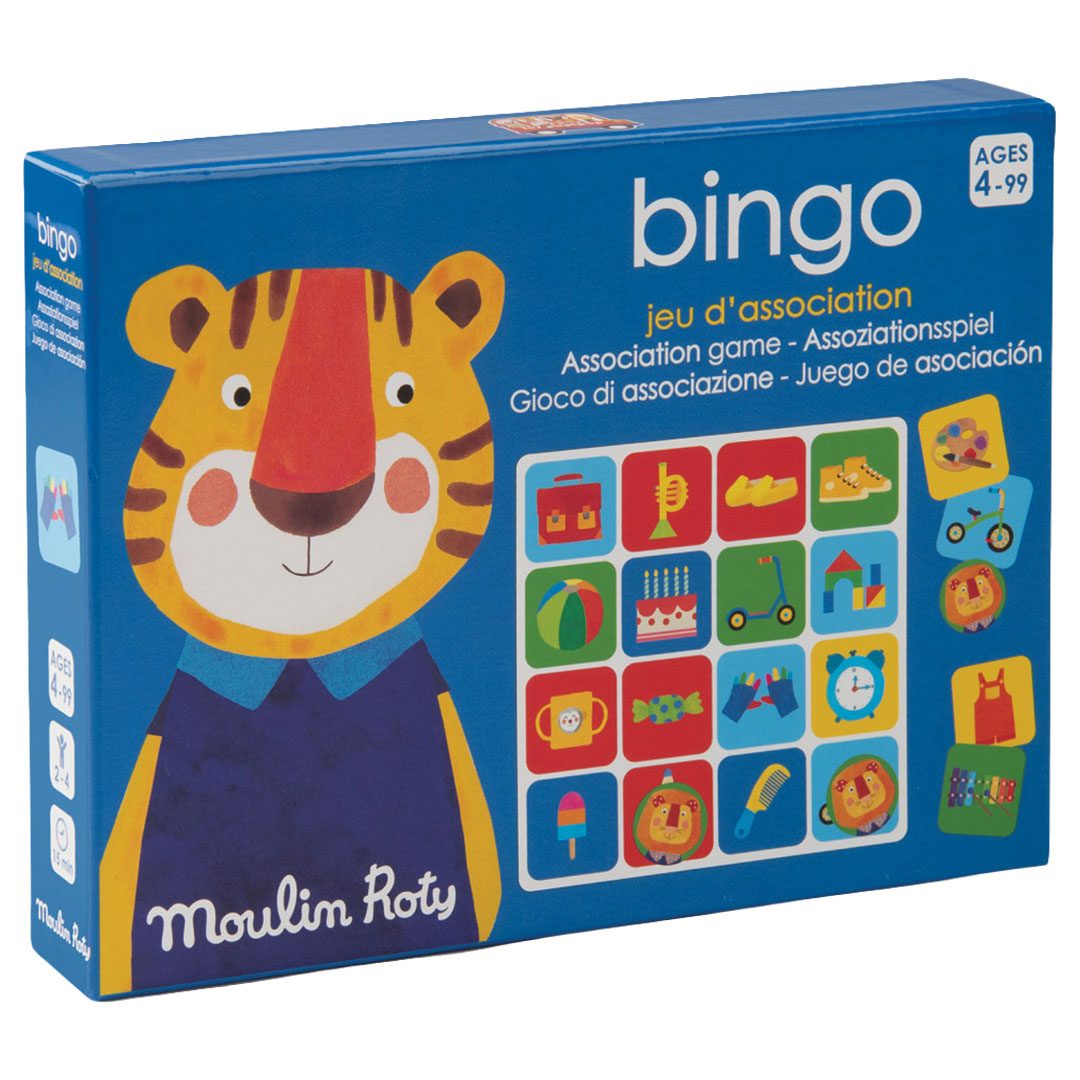 Moulin Roty bingo spel verpakking met een tijgerillustratie en voorbeelden van speelkaarten.