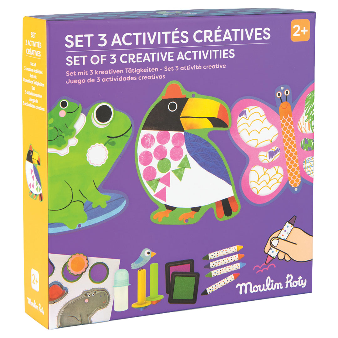 Moulin Roty knutselset verpakking met illustraties van een kikker, toekan en vlinder.