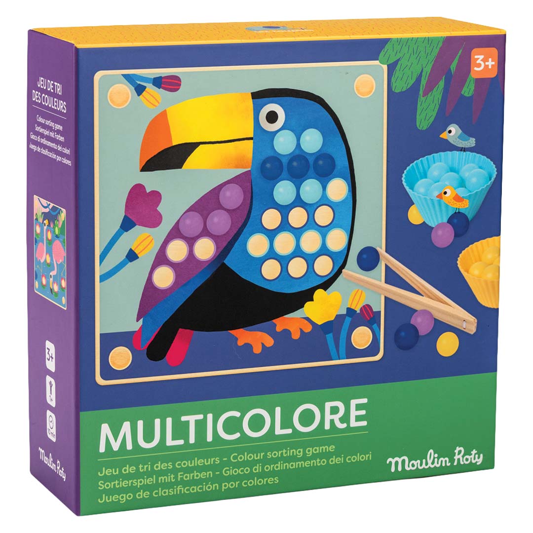 Moulin Roty Multicolore kleurensorteerspel verpakking met een afbeelding van een toekan.