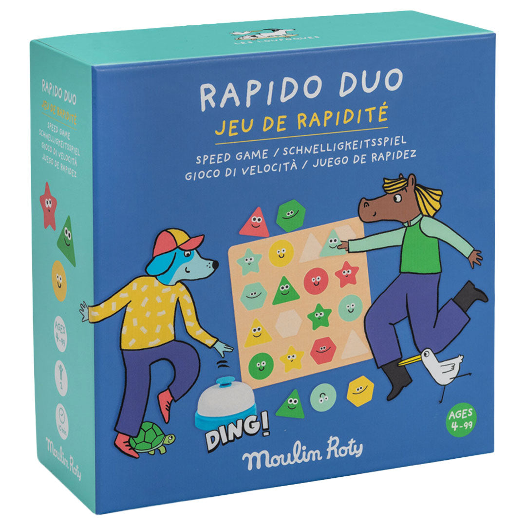 Moulin Roty Rapido Duo behendigheidsspel verpakking met cartoon dieren en geometrische vormen.