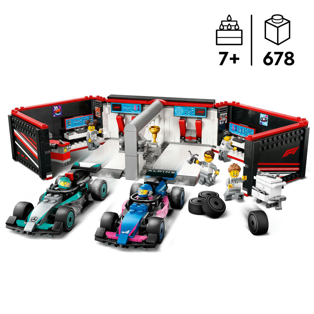 LEGO city f1 garage met mercedes-amg en alpine auto's