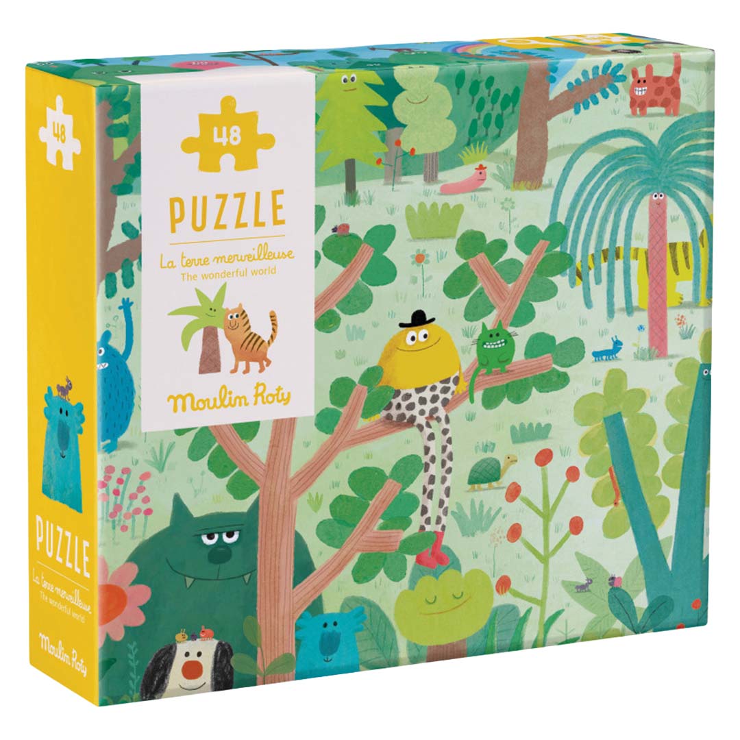 De Moulin Roty legpuzzel 'Prachtige aarde' met 48 stukjes, de verpakking toont een kleurrijk landschap met fantasiedieren.