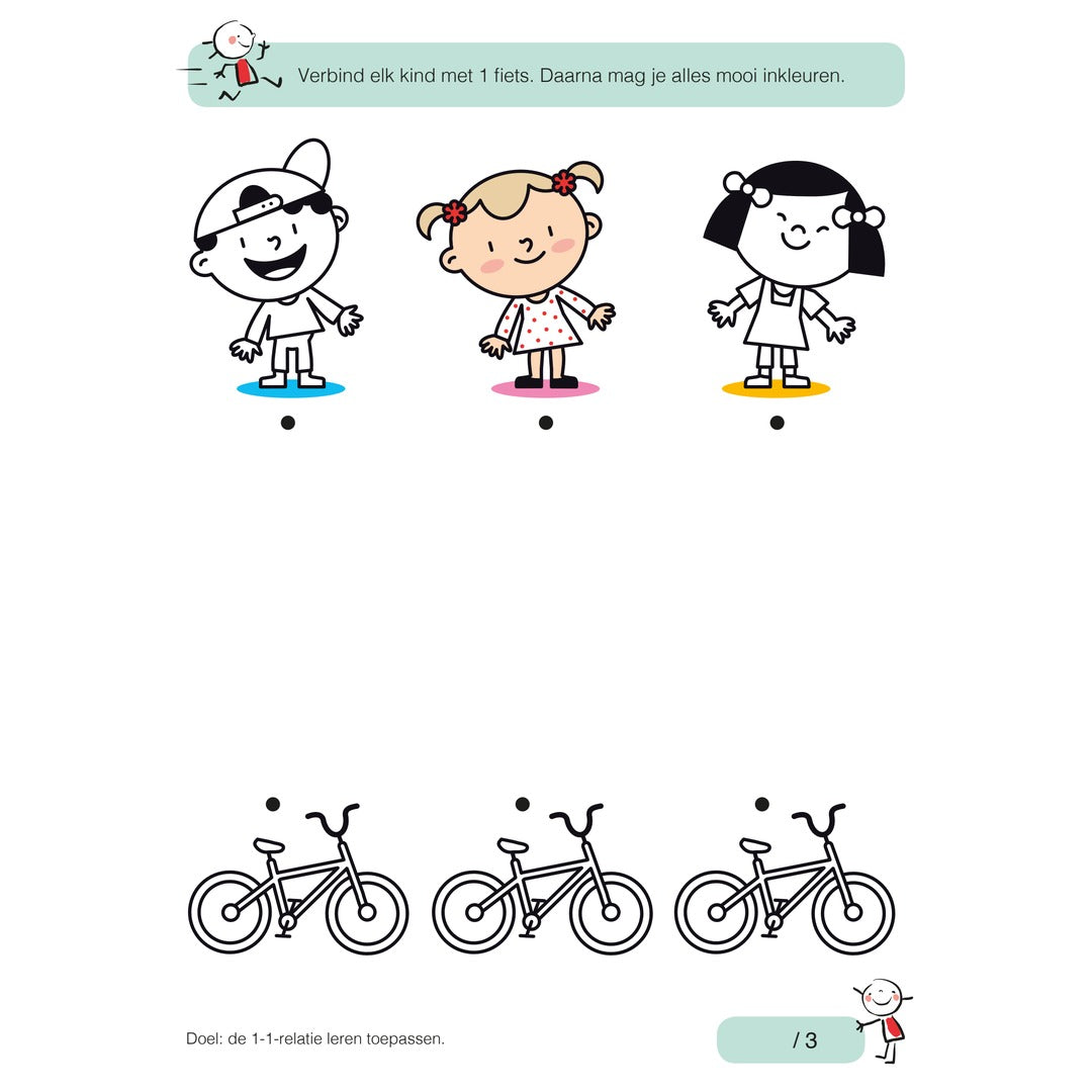 Werkblad uit het Deltas oefenboek om kinderen en fietsen met elkaar te verbinden.