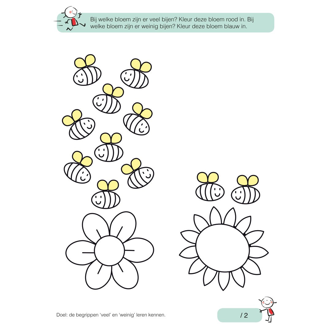 Werkblad uit het Deltas oefenboek over de begrippen veel en weinig met bijen en bloemen.