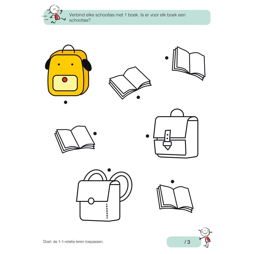 Werkblad uit het Deltas oefenboek om schooltassen en boeken met elkaar te verbinden.
