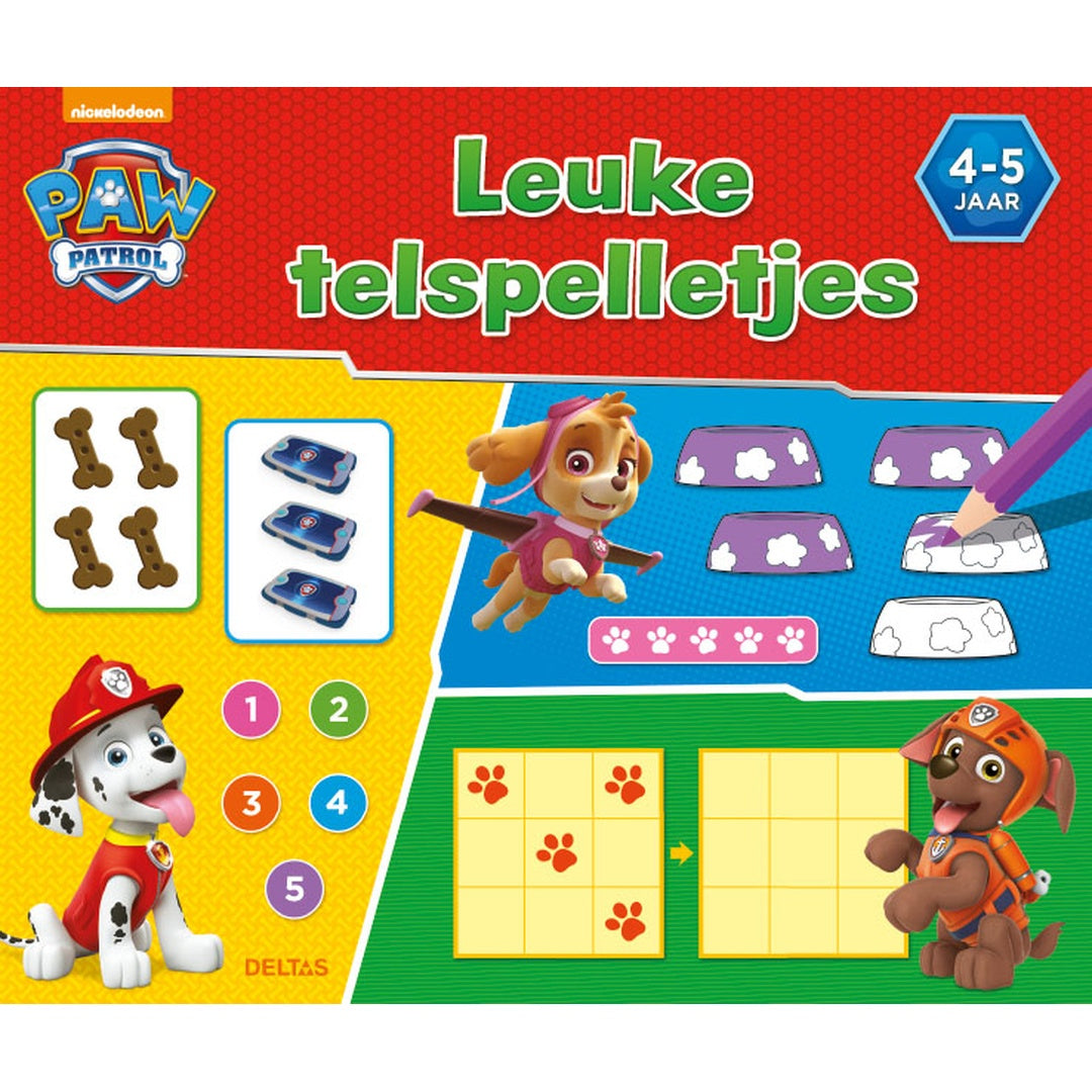 Deltas Paw Patrol Leuke telspelletjes kinderboek verpakking met illustraties van Marshall, Skye en Rubble.