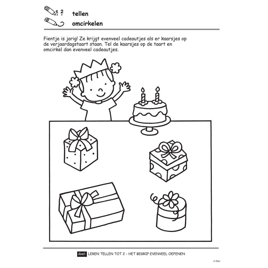Binnenpagina van het Deltas kinderboek met een tel- en omcirkeloefening rondom cadeautjes en een verjaardagstaart