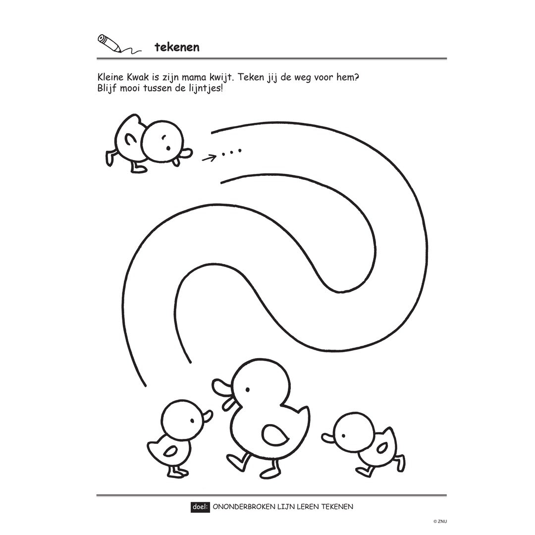 Binnenpagina van het Deltas kinderboek met een oefening om een ononderbroken lijn te tekenen tussen eendjes