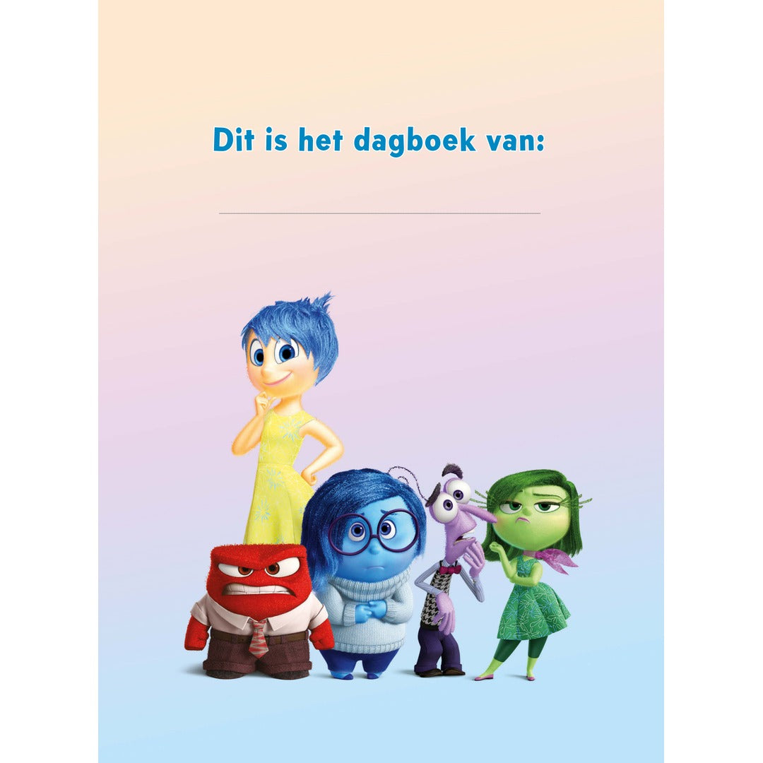 Binnenpagina van het Deltas Disney Pixar Binnenstebuiten emotiedagboek met de tekst Dit is het dagboek van en de personages