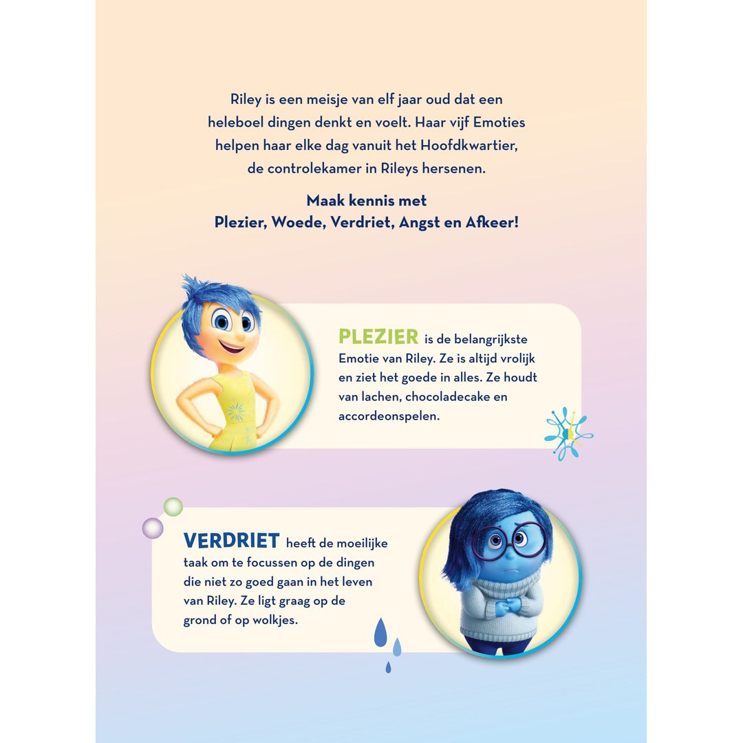 Binnenpagina van het Deltas Disney Pixar Binnenstebuiten emotiedagboek met introductie van de personages Plezier en Verdriet
