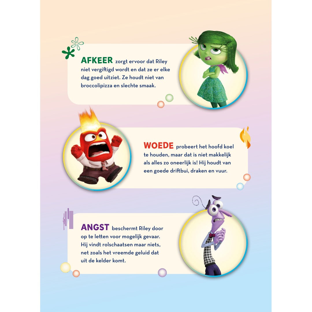 Binnenpagina van het Deltas Disney Pixar Binnenstebuiten emotiedagboek met introductie van Afkeer, Woede en Angst