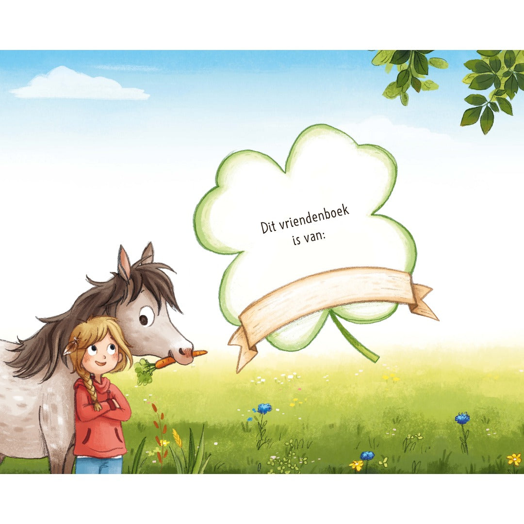 Eerste pagina van het Deltas vriendenboek Dol op paarden met ruimte om de naam in te vullen