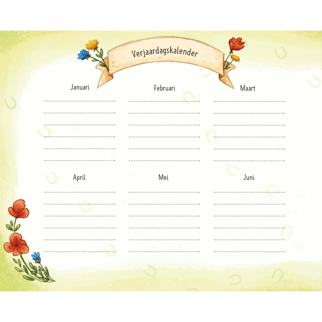 Verjaardagskalender uit het Deltas vriendenboek met de maanden januari tot en met juni