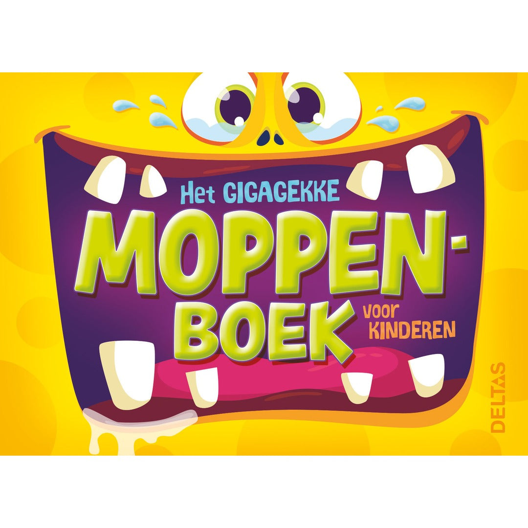 Deltas het gigagekke moppenboek voor kinderen met een illustratie van een geel monstergezicht.