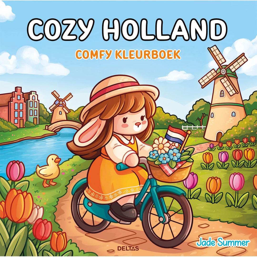 Deltas Cozy Holland comfy kleurboek met een illustratie van een konijn op een fiets tussen tulpen en molens.