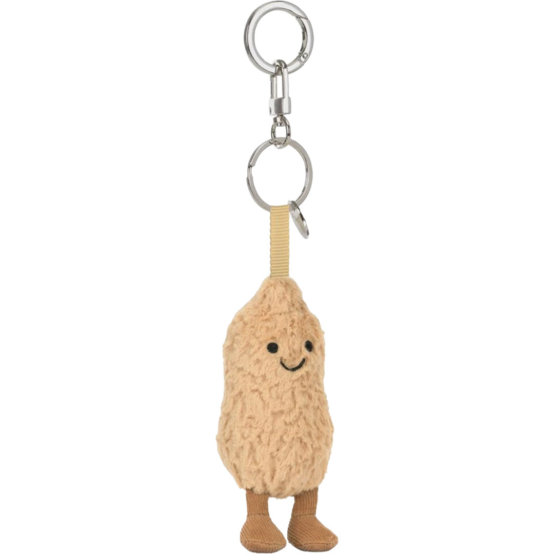 Jellycat sleutelhanger Amuseables Pinda met vrolijk gezichtje en corduroy beentjes van voren gezien