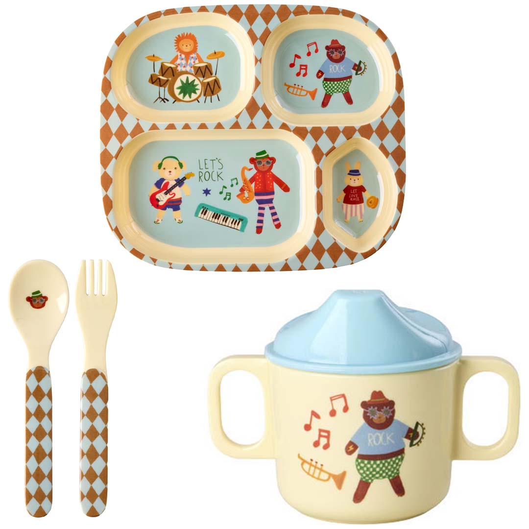 Rice kinderservies music band met een verdeeld bord, drinkbeker, lepel en vork, met dierenfiguren die muziek maken.