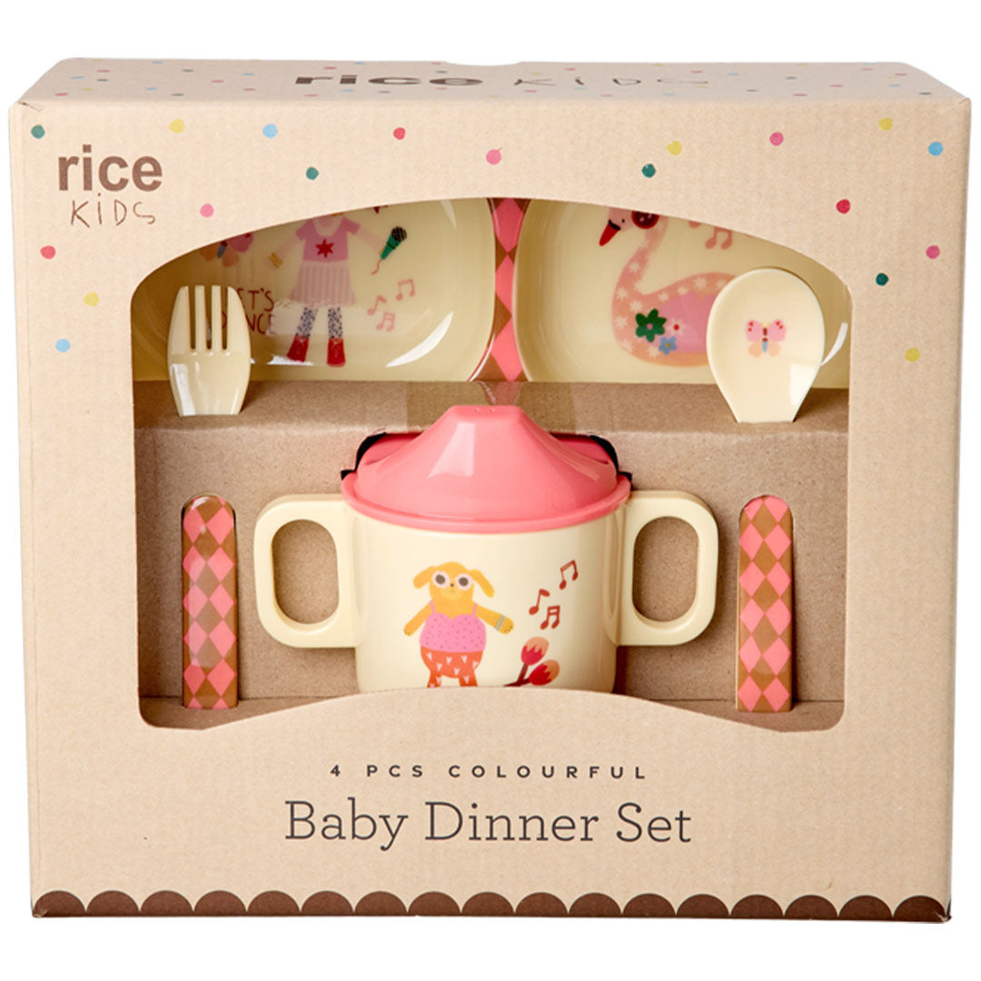 Verpakking van het Rice Kids baby dinerset met muziekthema.