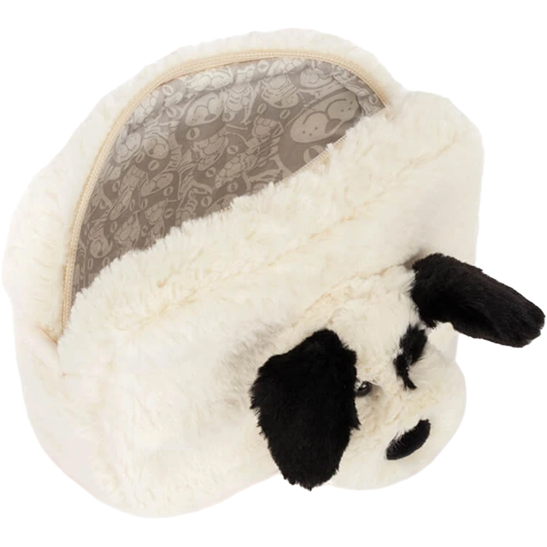 Open Jellycat reistasje van pluche met een hondenhoofd en een print aan de binnenkant.
