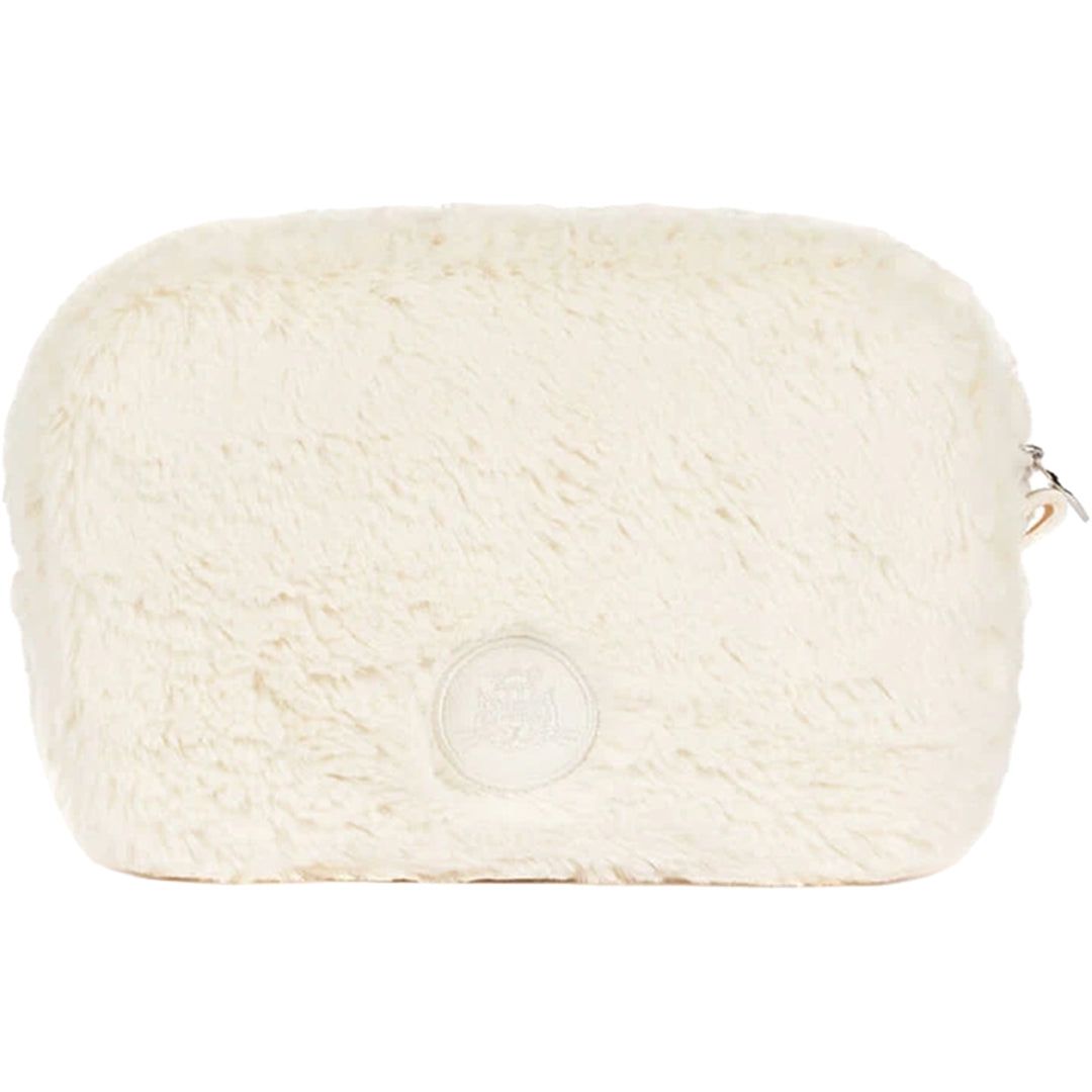Achterkant van het zachte, witte Jellycat reistasje met een subtiel logo.
