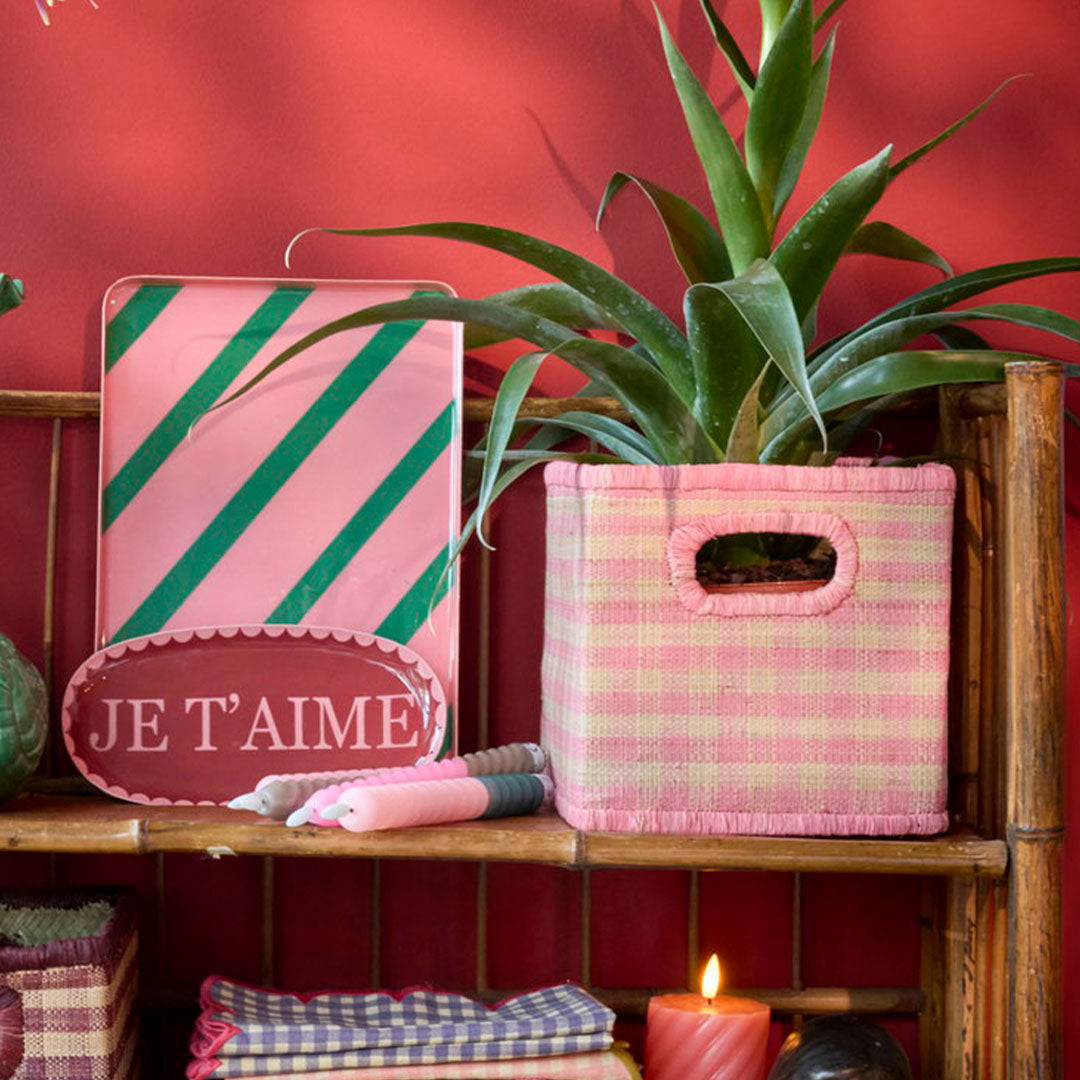 rice opbergmand raffia - pink checks - small | BSSTO-20I | 2
