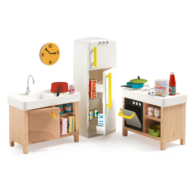 Djeco poppenhuis keuken speelset met gootsteen, koelkast en fornuis.