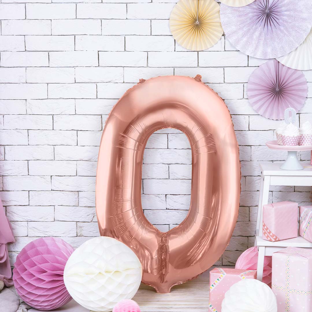 partydeco cijferballon 0 rose goud - 86 cm | FB1M-0-019R | 2
