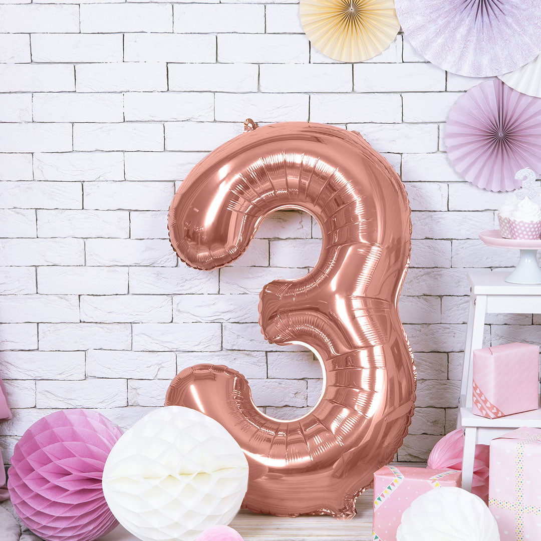 partydeco cijferballon 3 rose goud - 86 cm | FB1M-3-019R | 2