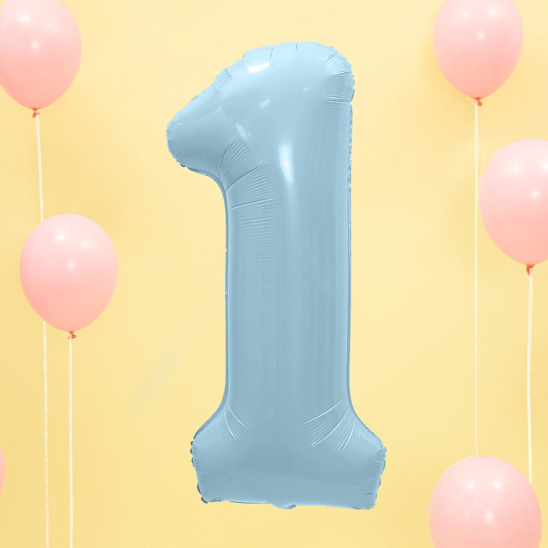 partydeco cijferballon 1 licht blauw - 86 cm