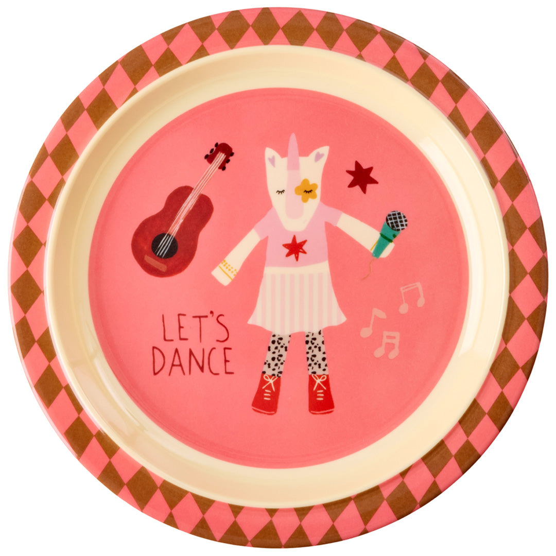 rice roze melamine lunchbord met een eenhoorn rockster, gitaar en de tekst 'LET'S DANCE'.