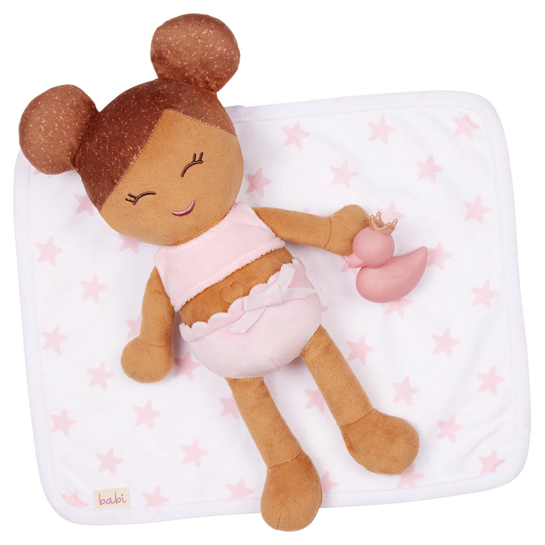 lullababy badpop pluche met accessoires - bruin meisje - 35,5 cm | LBY7236 | 4