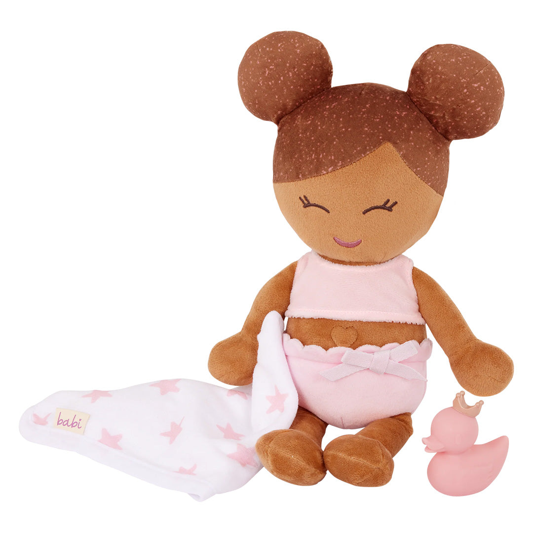 lullababy badpop pluche met accessoires - bruin meisje - 35,5 cm | LBY7236 | 3
