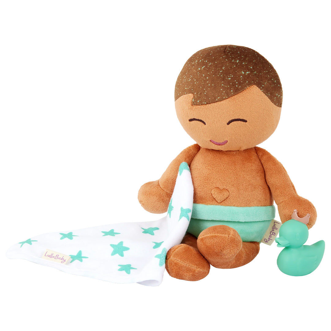 lullababy badpop pluche met accessoires - bruin jongetje - 35,5 cm | LBY7266 | 4