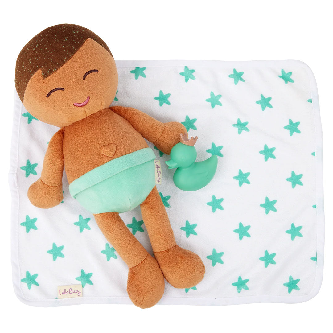 lullababy badpop pluche met accessoires - bruin jongetje - 35,5 cm | LBY7266 | 3