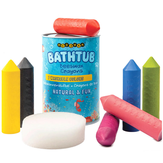 Medenka badkleurkrijtjes in diverse kleuren en een sponsje, met de verpakking met onderwaterwereldthema.