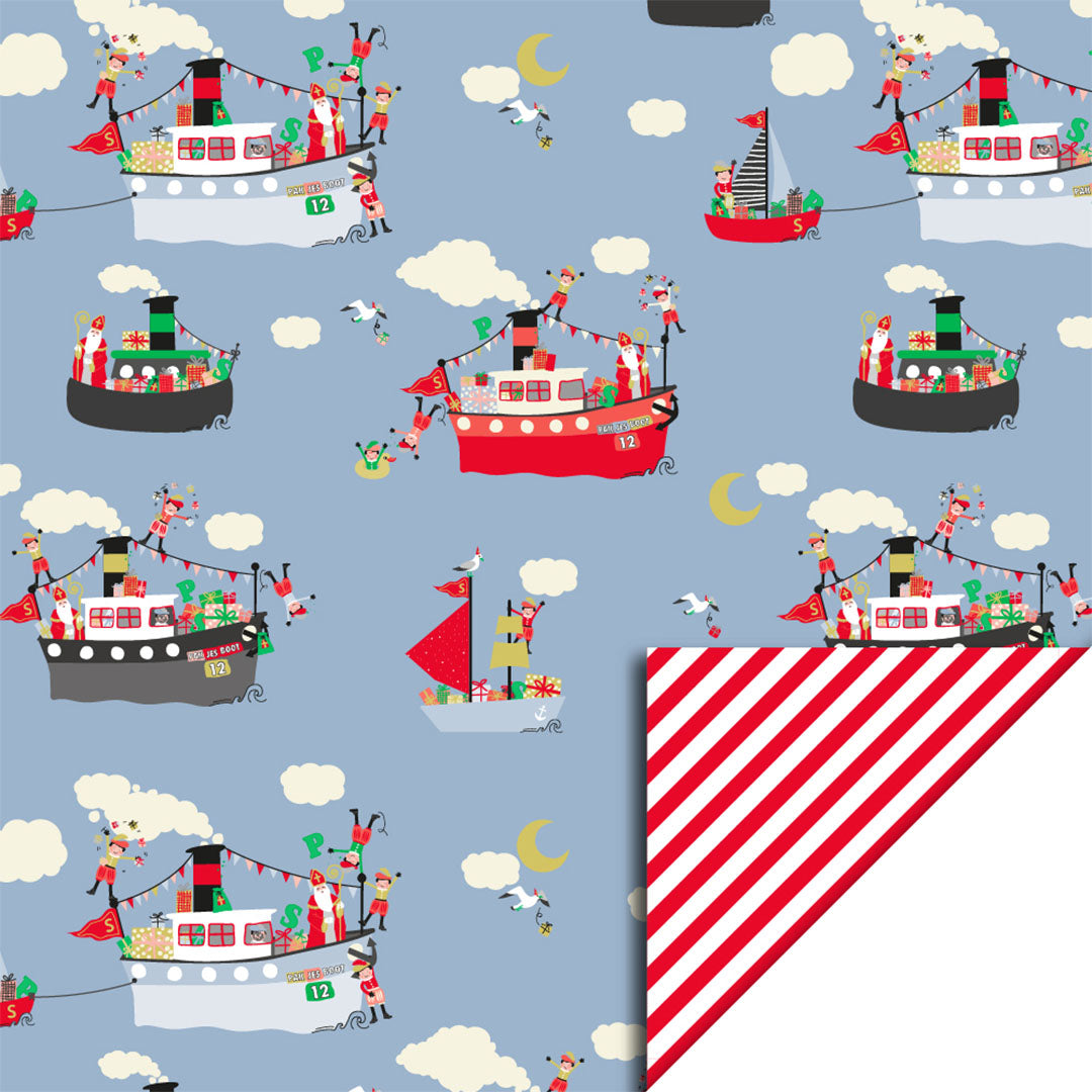 P34.296.070 | house of products inpakpapier sinterklaas pakjesboot blue - stripes red - 3 m