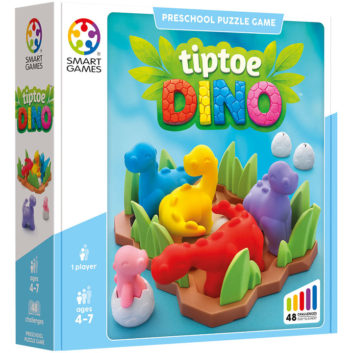 Verpakking van het Smart Games Tiptoe Dino puzzelspel met kleurrijke dinosaurussen en een ei.