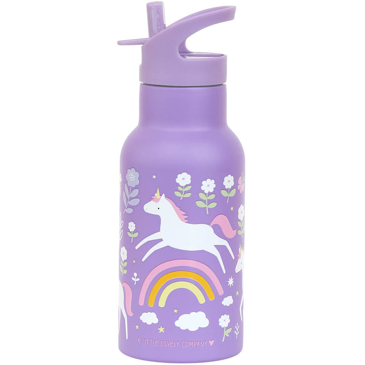 A little lovely company paarse kinder drinkfles met eenhoorn, regenboog en bloemenpatroon.