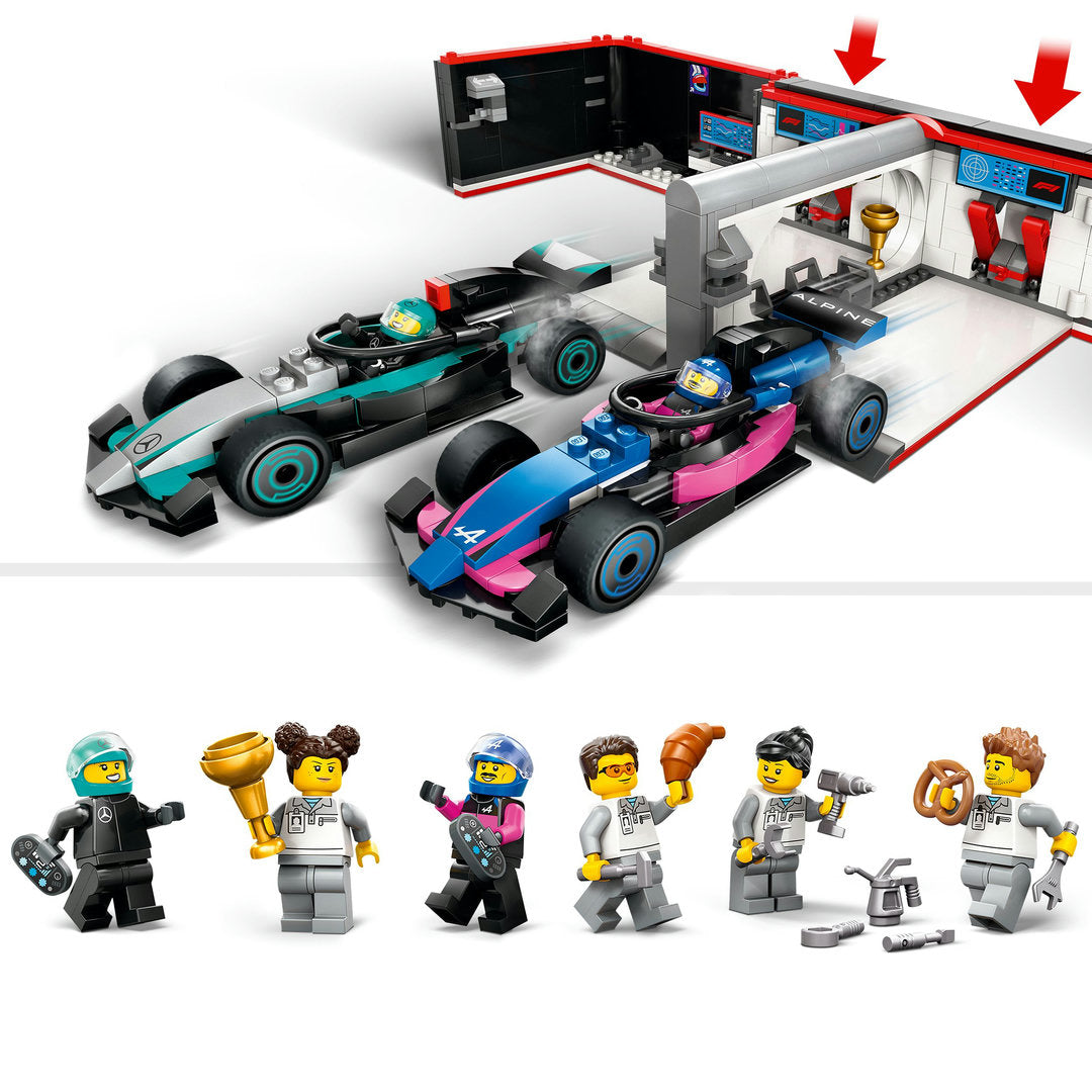 LEGO city f1 garage met mercedes-amg en alpine auto's