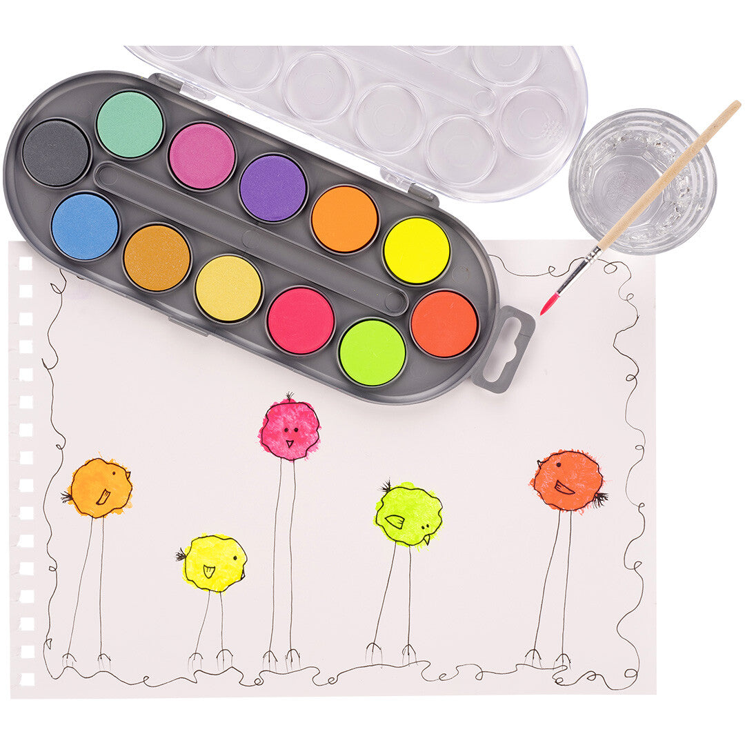 bruynzeel kids waterverf met penseel - metallic en neon - 12 kleuren | 60152112 | 1
