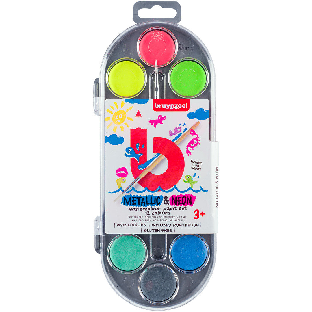 bruynzeel kids waterverf met penseel - metallic en neon - 12 kleuren | 60152112 | 3